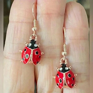 Ladybug Black Red Gold Drop Hook Earrings NEW